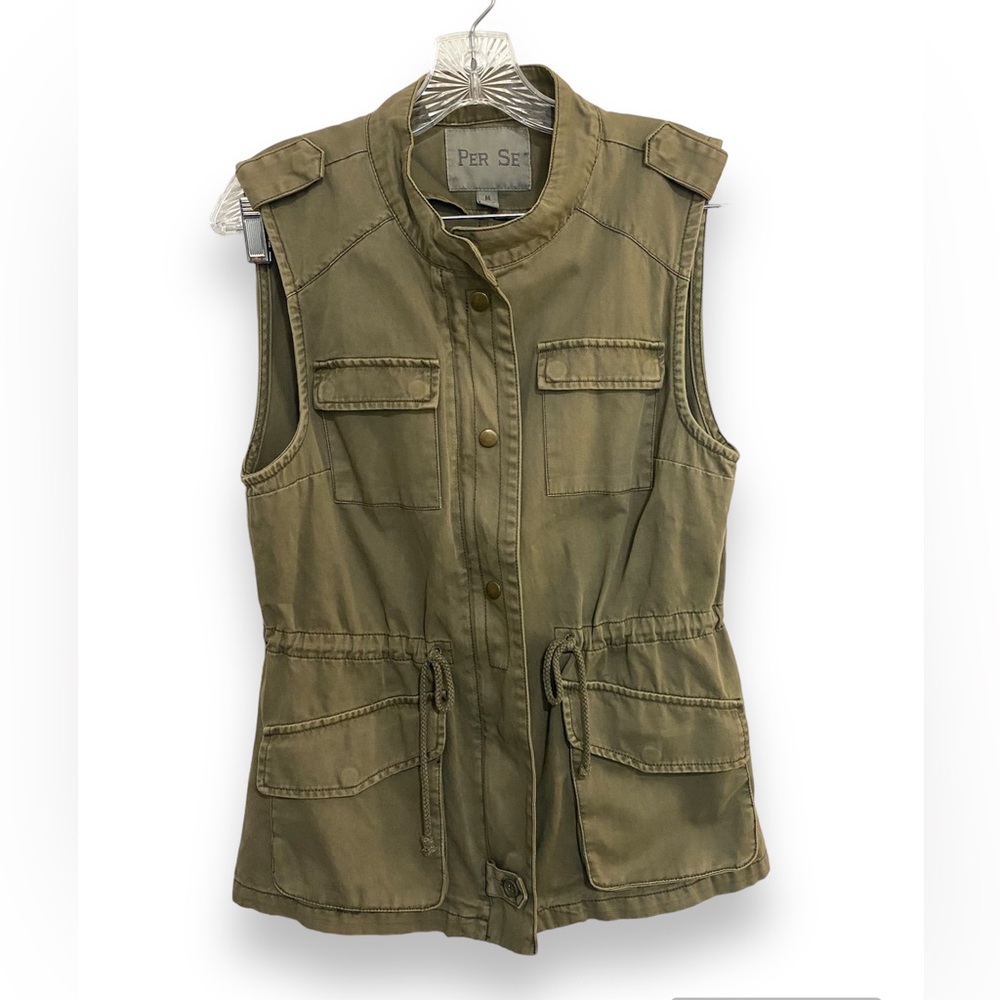 Women Canvas Cargo Vest Medium M Canvas Jacket Green Vest Drawstring Waist